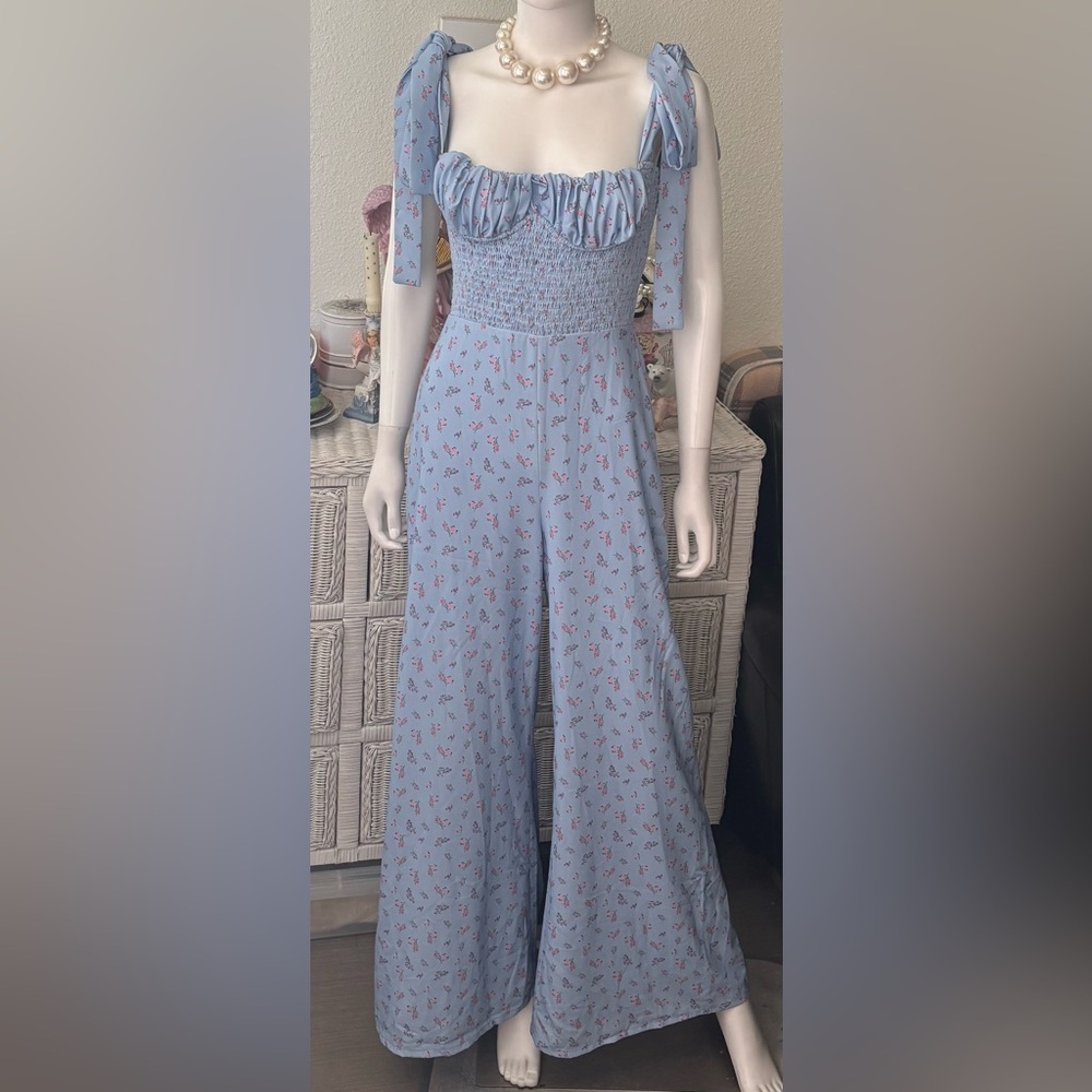 House of CB 'Lana' Jumpsuit Low Cut Wide Legs Shirred Floral in Blue Pink Size S